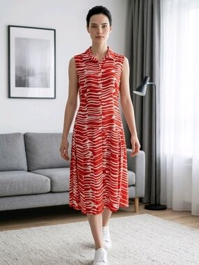 CAbi Red and White Wave-Print Sleeveless Midi Dress